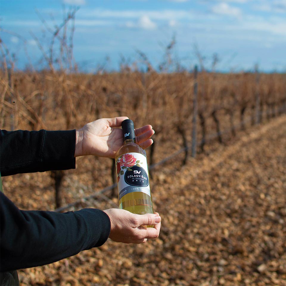 Manos sujetando botella elegante del vino blanco verdejo Rueda Solasviñas de carácter joven y fresco